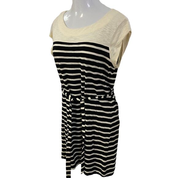 Merona Dress Womens Medium Stripe Belted Coastal Preppy Nautical Black Cream - Picture 3 of 15